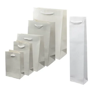 Χάρτινη Τσάντα Συσκευασίας Με Κορδόνι Και Gloss Πλαστικοποίηση Ριγέ Λευκή