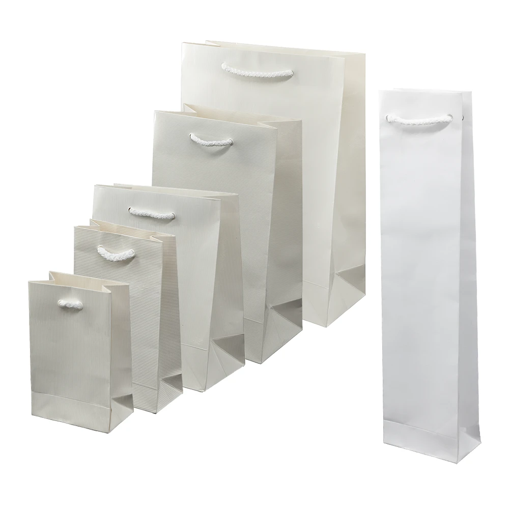 Χάρτινη Τσάντα Συσκευασίας Με Κορδόνι Και Gloss Πλαστικοποίηση Ριγέ Λευκή